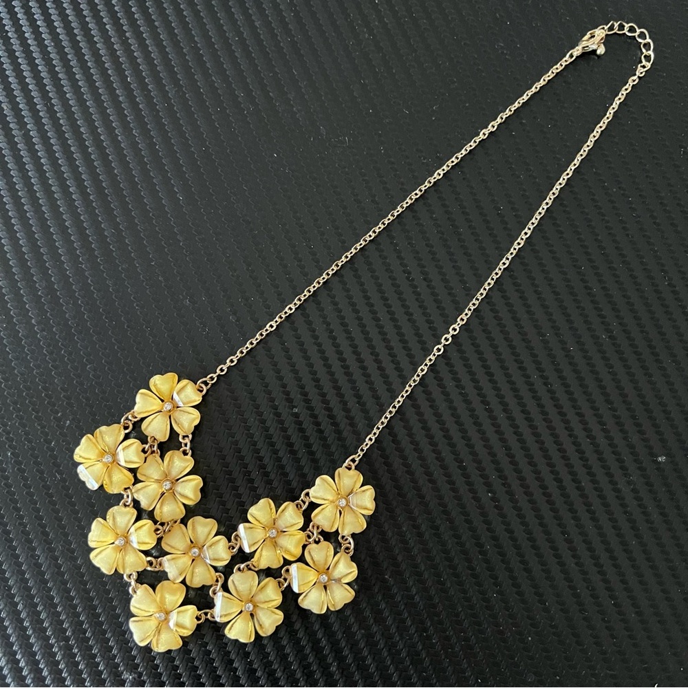 Charming Charlie Statement Necklace Yellow Flower Bib Gold Tone Chain